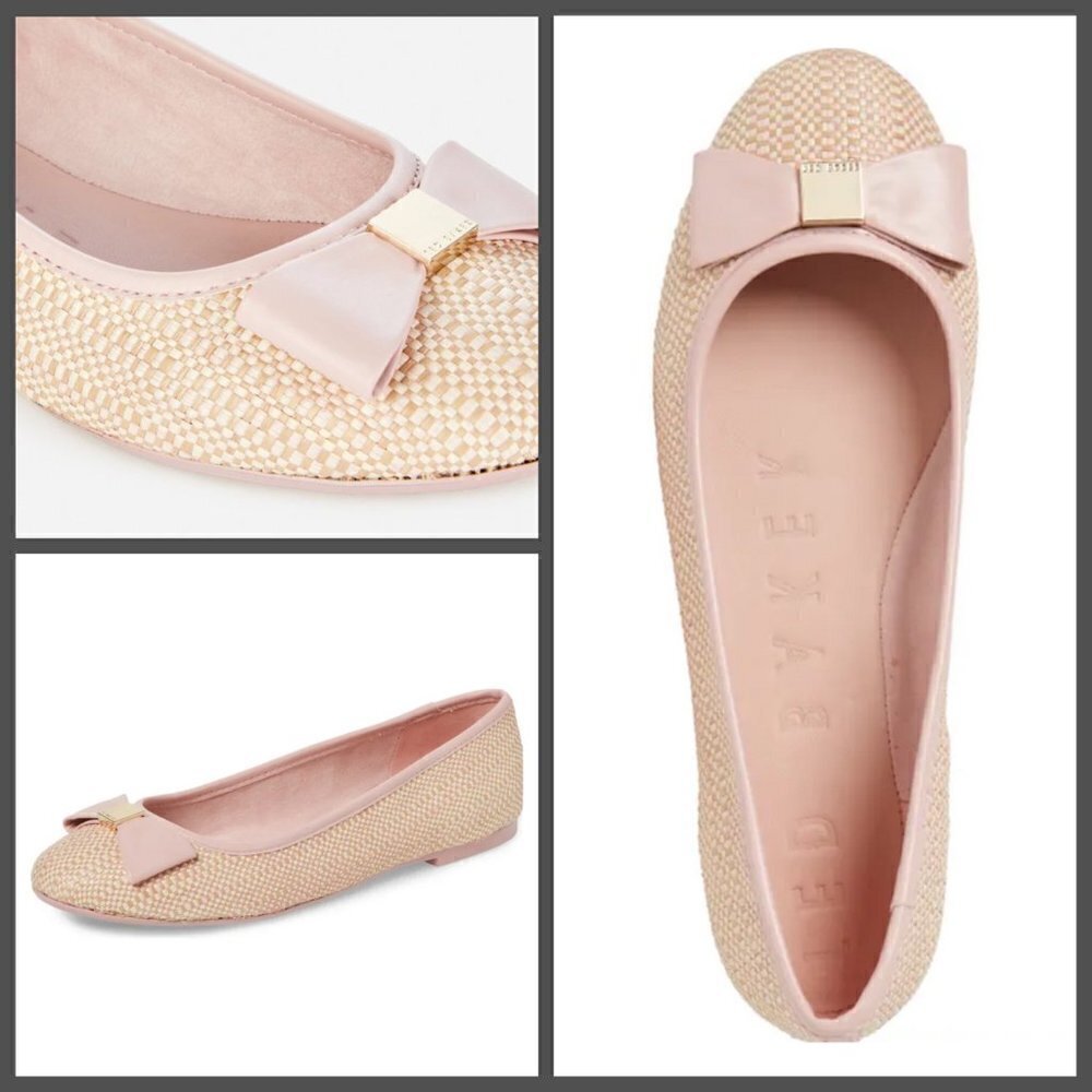 💕TED BAKER LONDON💕 Sualli Flat Raffia Pink Bow Ballet Pumps 38 New Without Box